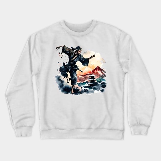 Fighting japanese ninja watercolor design Crewneck Sweatshirt by Ravenglow